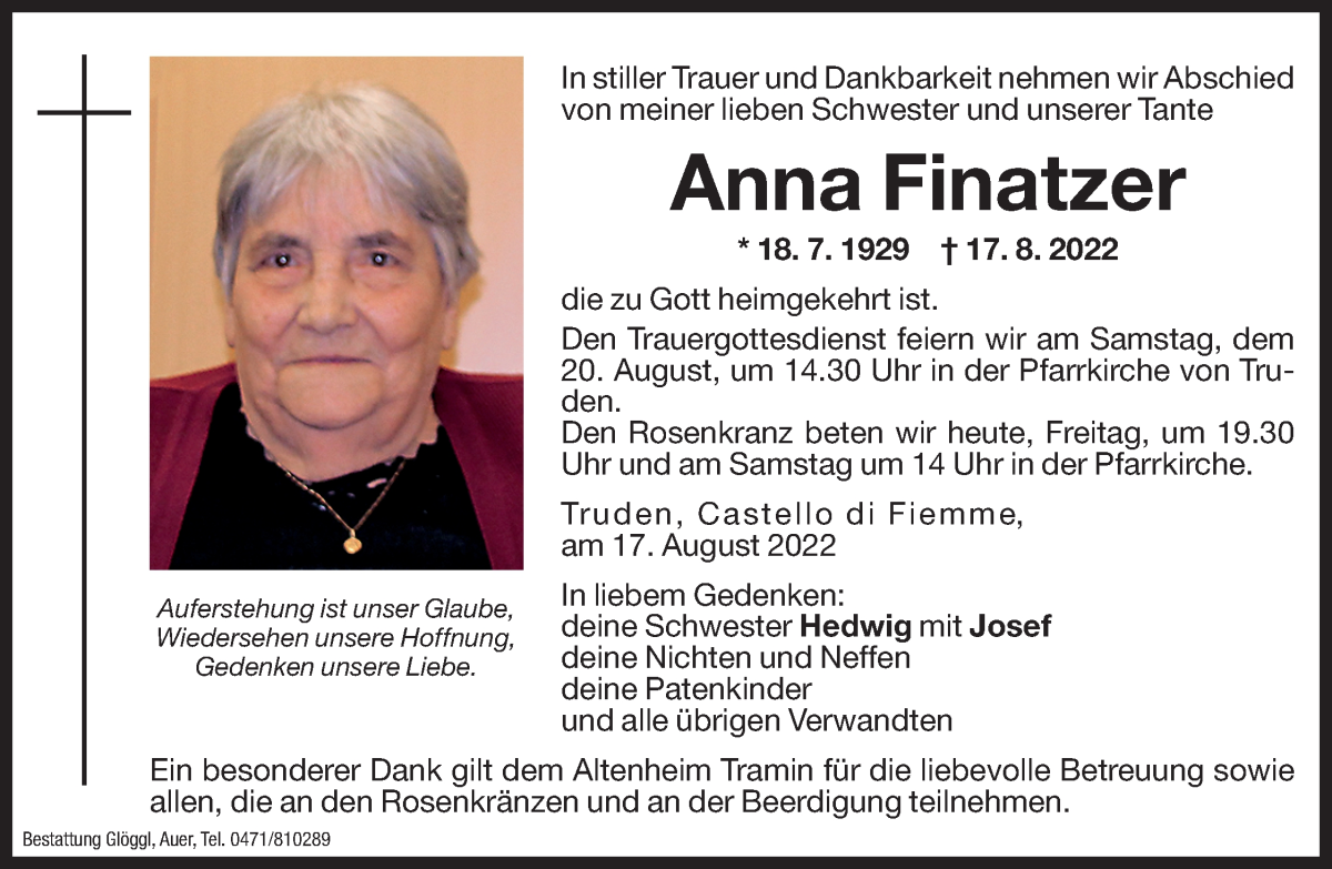  Traueranzeige für Anna Finatzer vom 19.08.2022 aus Dolomiten