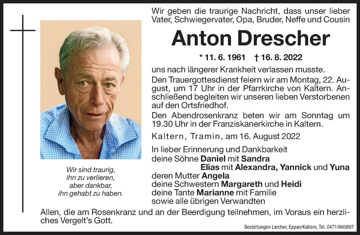  Traueranzeige für Anton Drescher vom 20.08.2022 aus Dolomiten