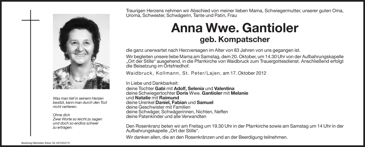  Traueranzeige für Anna Gantioler vom 19.10.2012 aus Dolomiten