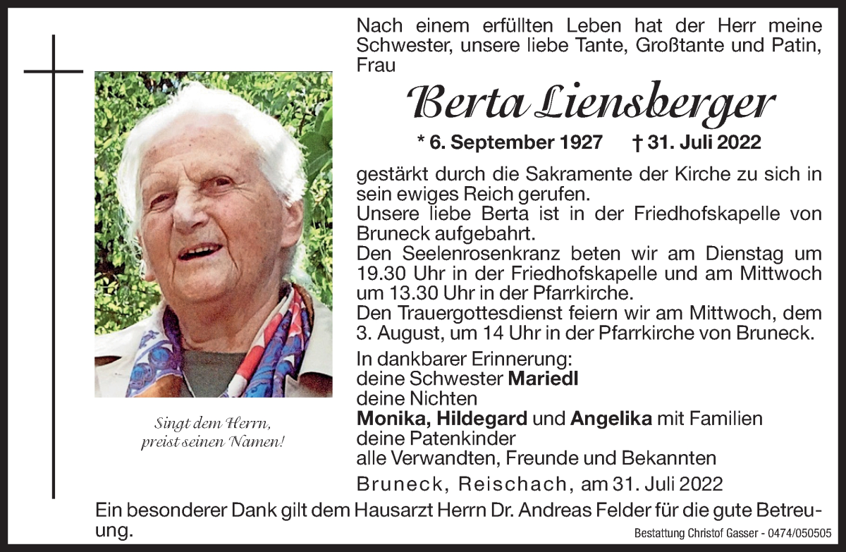  Traueranzeige für Berta Liensberger vom 02.08.2022 aus Dolomiten