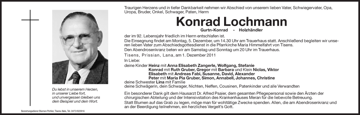  Traueranzeige für Konrad Lochmann vom 03.12.2011 aus Dolomiten