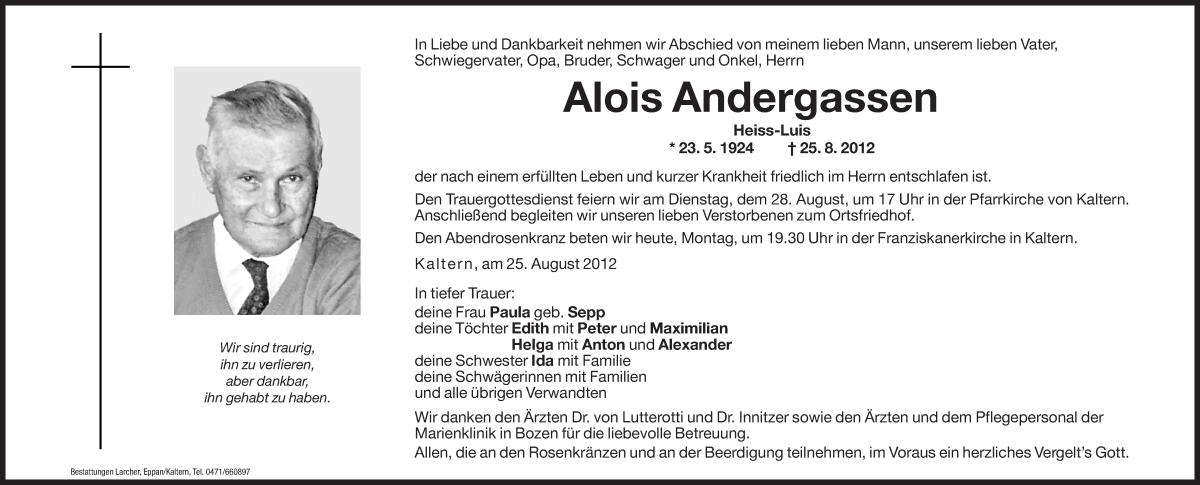  Traueranzeige für Alois Andergassen vom 27.08.2012 aus Dolomiten