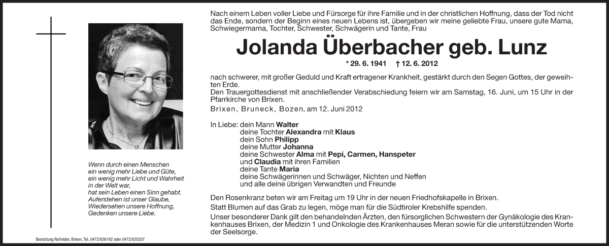  Traueranzeige für Jolanda Überbacher vom 14.06.2012 aus Dolomiten