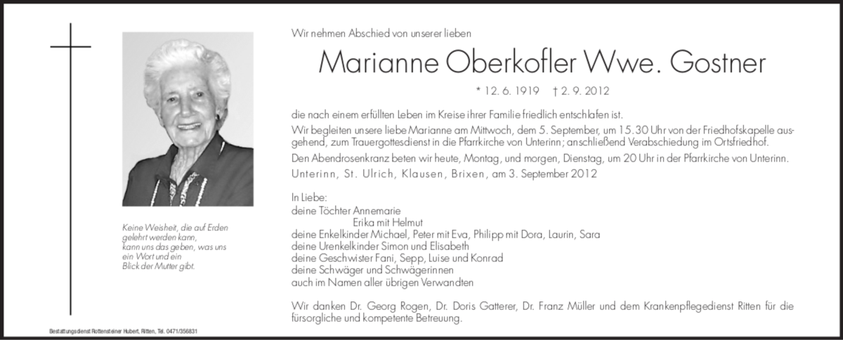  Traueranzeige für Marianne Gostner vom 03.09.2012 aus Dolomiten