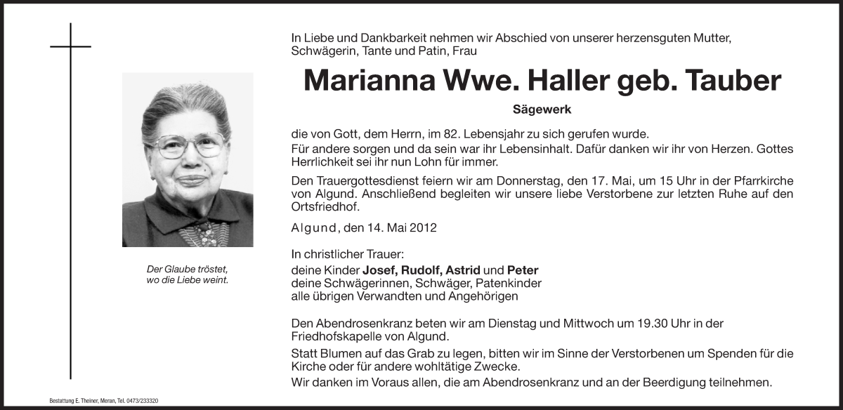  Traueranzeige für Marianna Haller vom 15.05.2012 aus Dolomiten