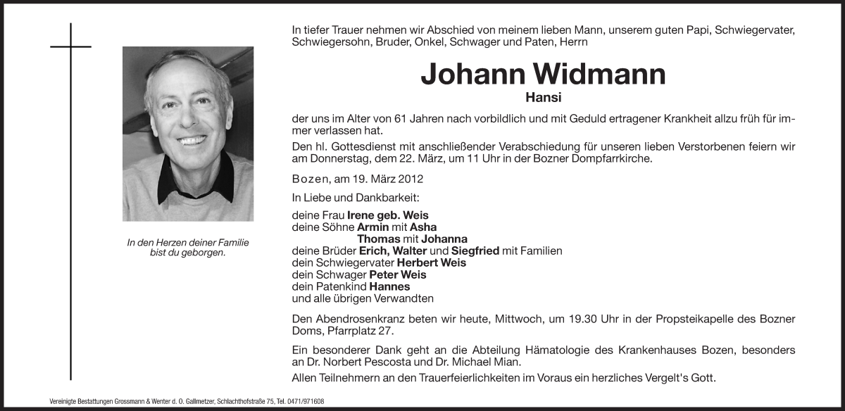  Traueranzeige für Johann Widmann vom 21.03.2012 aus Dolomiten