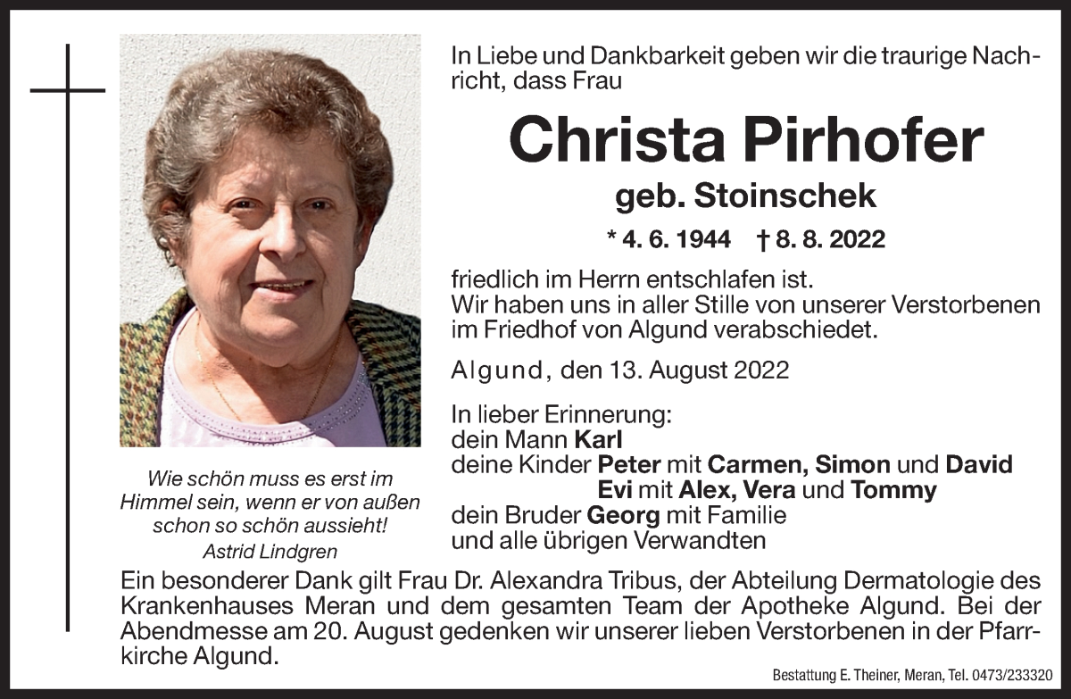  Traueranzeige für Christa Pirhofer vom 13.08.2022 aus Dolomiten