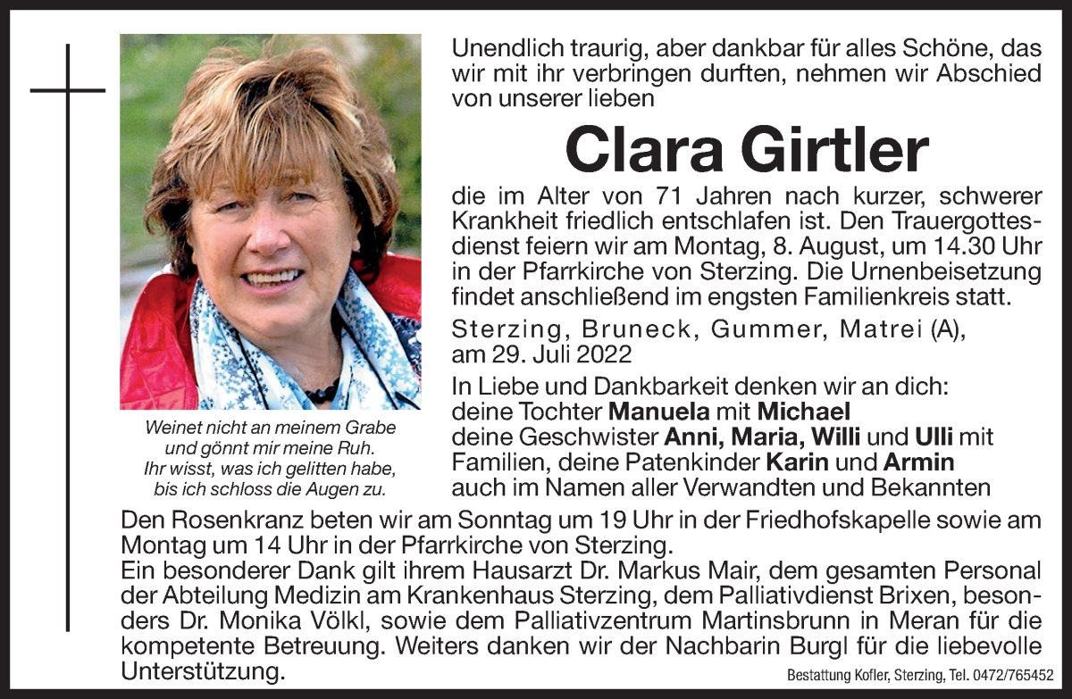  Traueranzeige für Clara Girtler vom 05.08.2022 aus Dolomiten