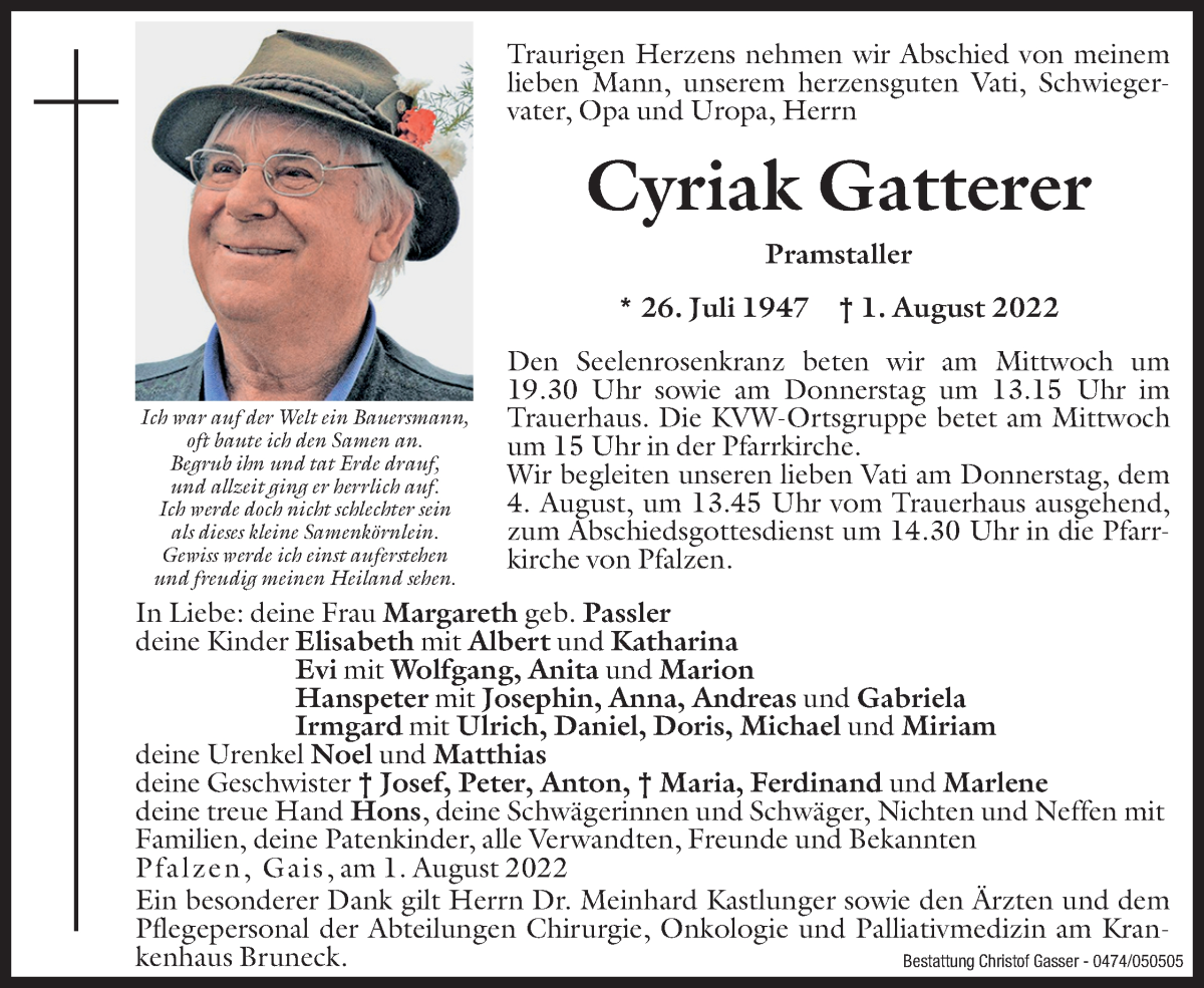  Traueranzeige für Cyriak Gatterer vom 03.08.2022 aus Dolomiten