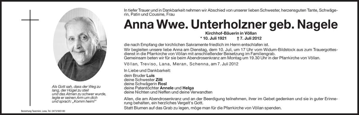  Traueranzeige für Anna Unterholzner vom 09.07.2012 aus Dolomiten