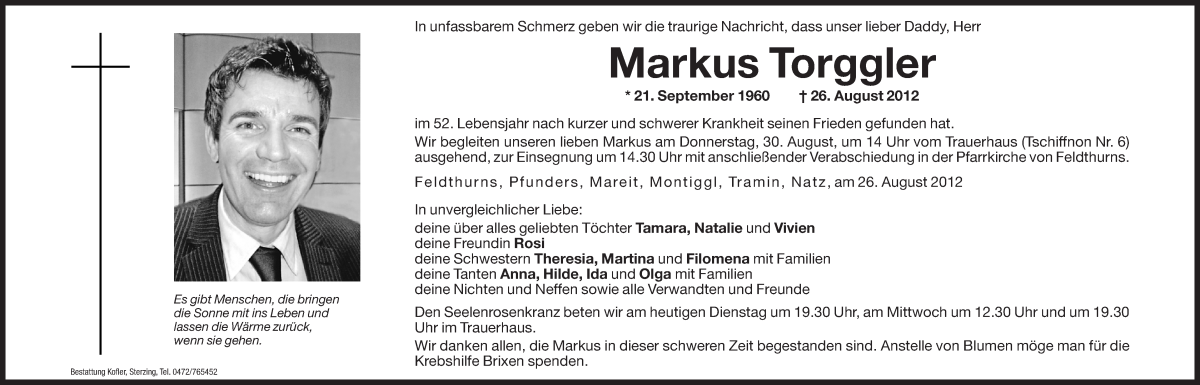  Traueranzeige für Markus Torggler vom 28.08.2012 aus Dolomiten