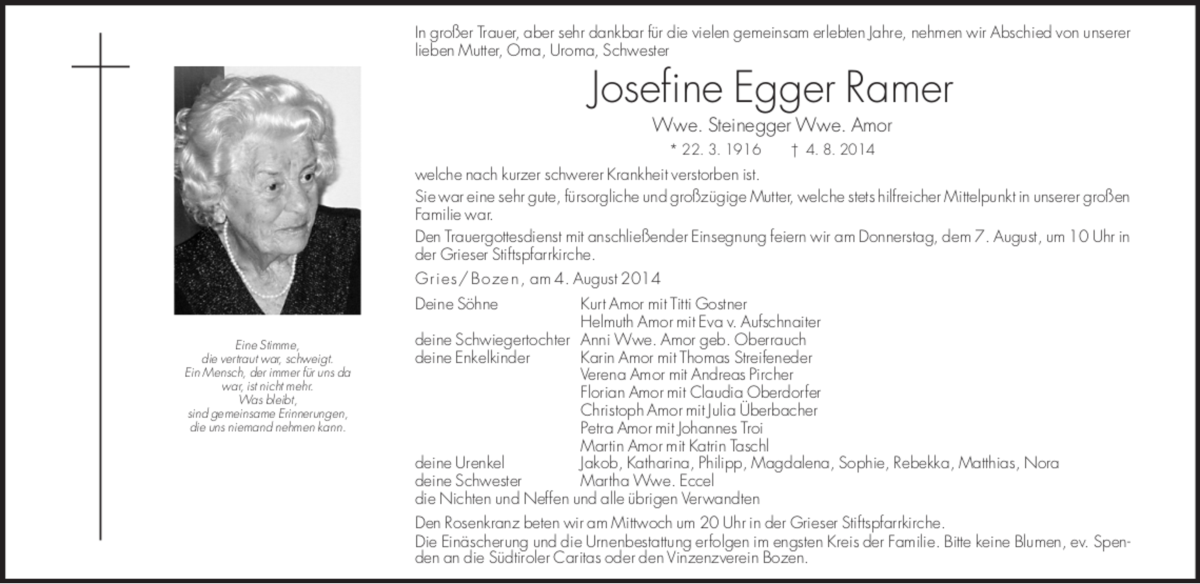  Traueranzeige für Josefine Egger Steinegger vom 05.08.2014 aus Dolomiten