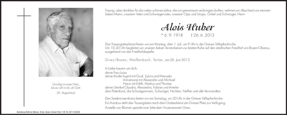  Traueranzeige für Alois Huber vom 28.06.2013 aus Dolomiten