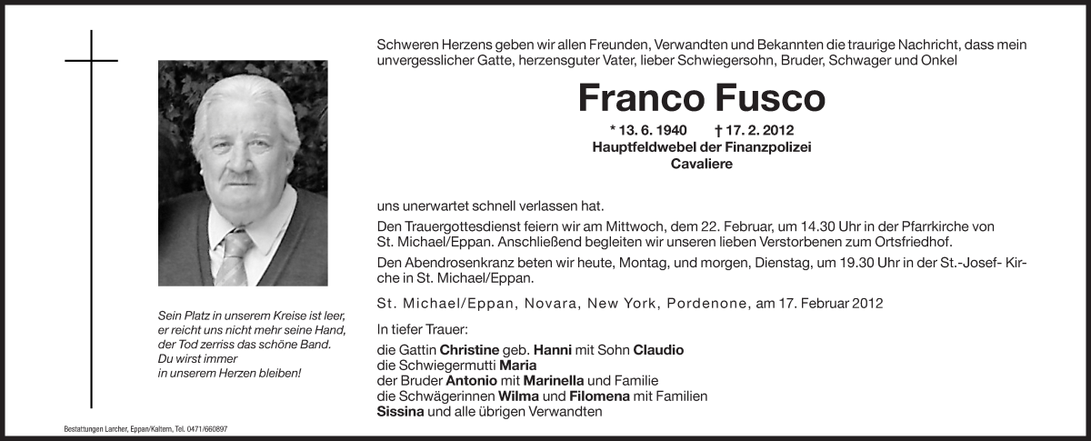  Traueranzeige für Franco Fusco vom 20.02.2012 aus Dolomiten