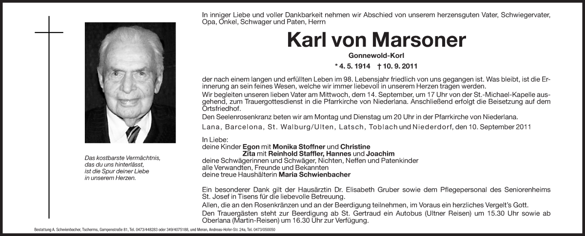  Traueranzeige für Karl von Marsoner vom 12.09.2011 aus Dolomiten