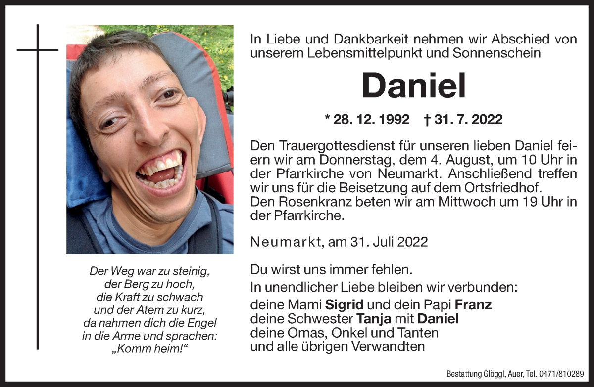  Traueranzeige für Daniel Amplatz vom 02.08.2022 aus Dolomiten