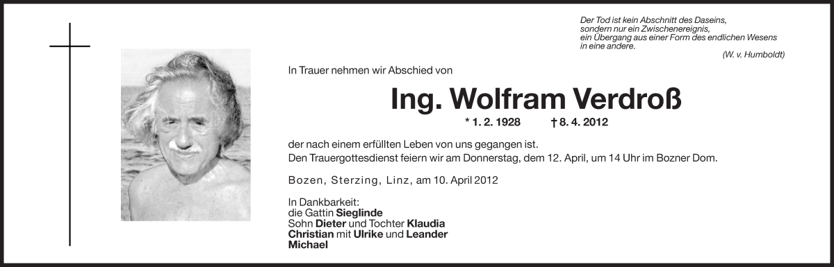  Traueranzeige für Wolfram Verdroß vom 11.04.2012 aus Dolomiten