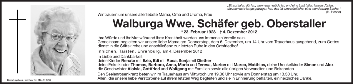  Traueranzeige für Walburga Schäfer vom 05.12.2012 aus Dolomiten