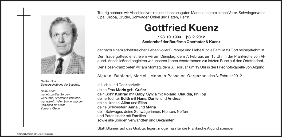  Traueranzeige für Gottfried Kuenz vom 04.02.2012 aus Dolomiten