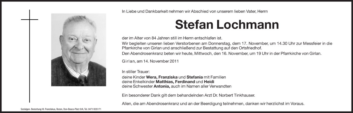  Traueranzeige für Stefan Lochmann vom 16.11.2011 aus Dolomiten