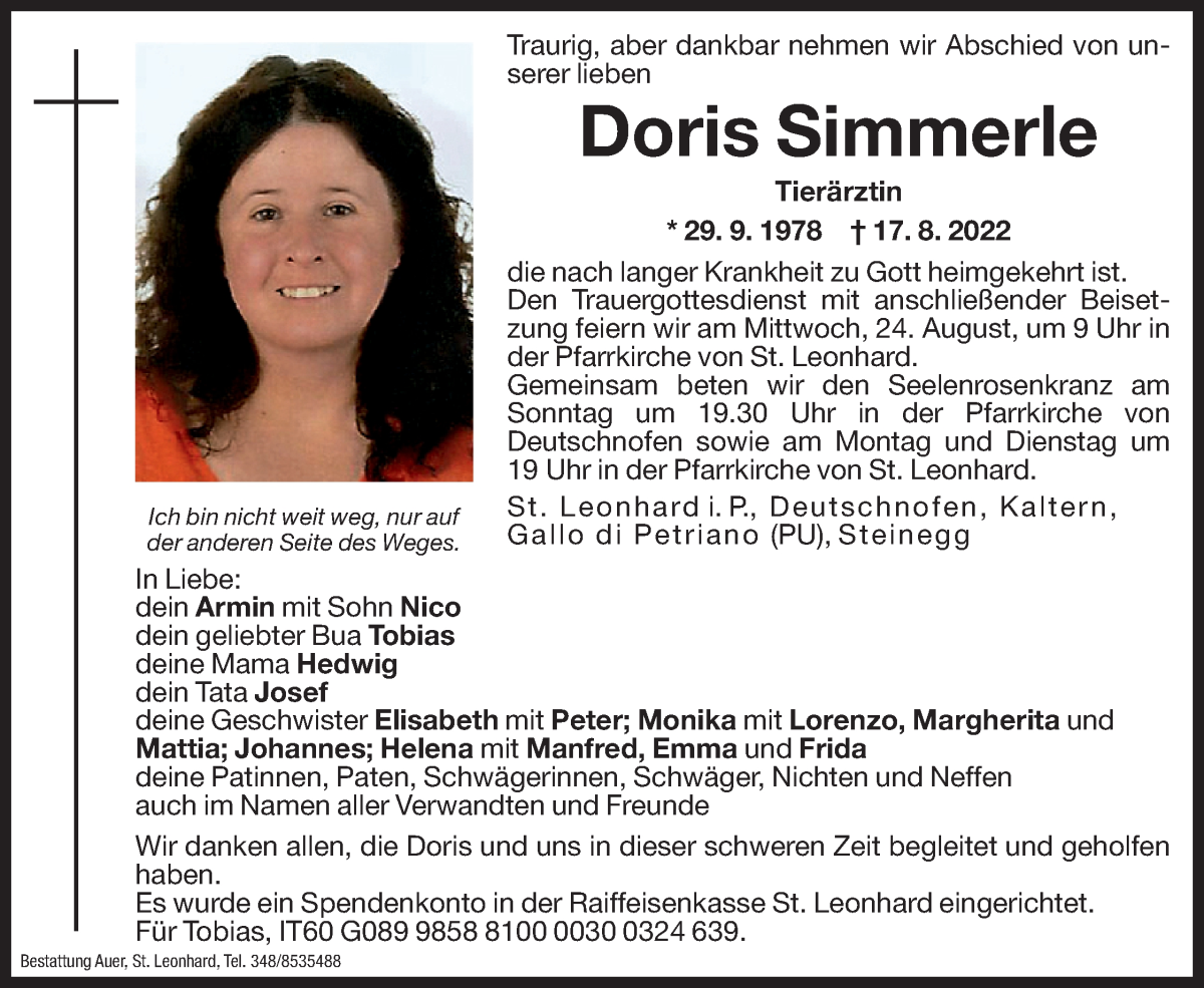  Traueranzeige für Doris Simmerle vom 20.08.2022 aus Dolomiten