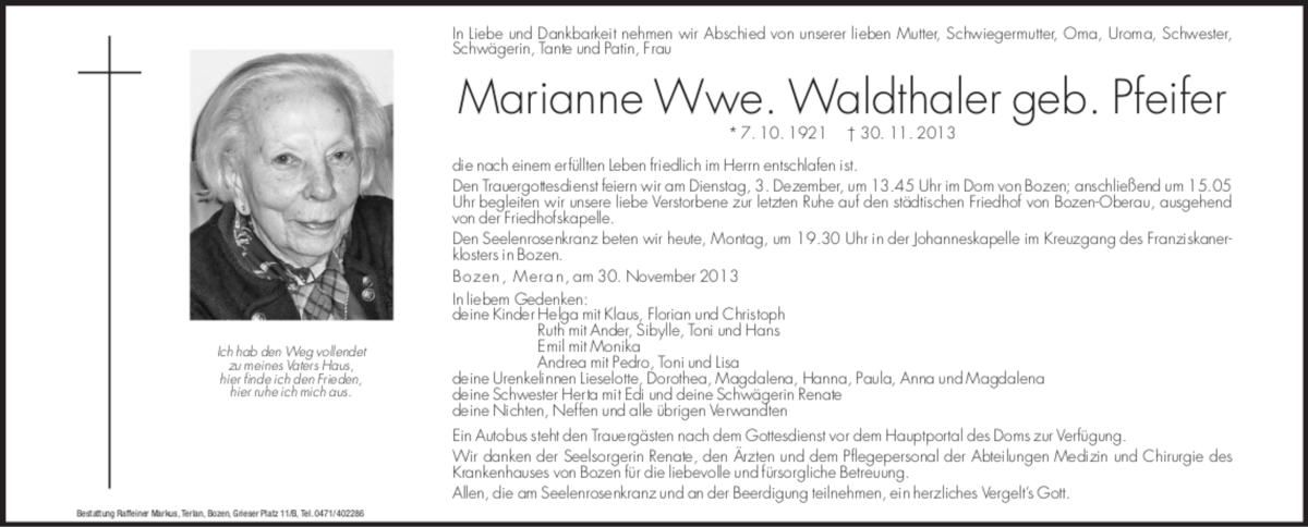  Traueranzeige für Marianne Waldthaler vom 02.12.2013 aus Dolomiten