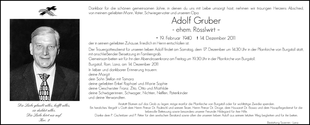  Traueranzeige für Adolf Gruber vom 16.12.2011 aus Dolomiten