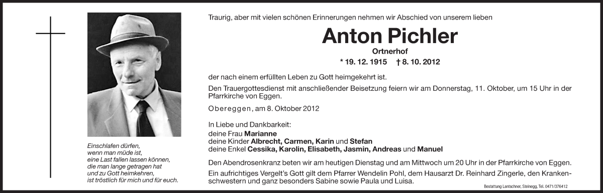  Traueranzeige für Anton Pichler vom 09.10.2012 aus Dolomiten