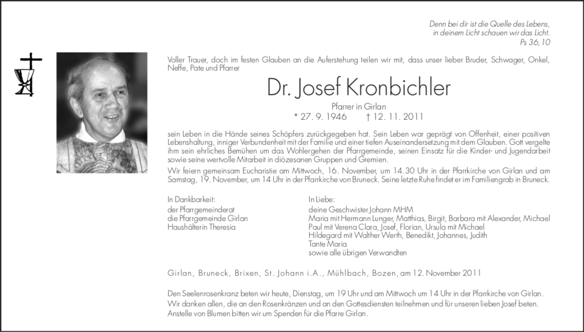  Traueranzeige für Josef Kronbichler vom 15.11.2011 aus Dolomiten