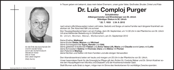 Traueranzeige von Luis Comploj Purger von Dolomiten