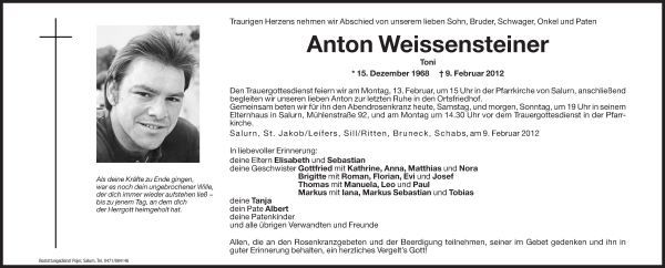 Traueranzeige von Anton Weissensteiner von Dolomiten
