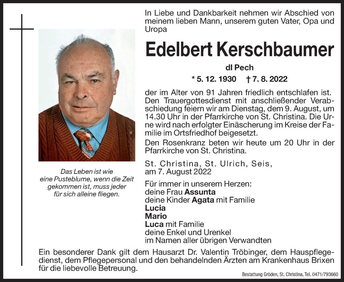  Traueranzeige für Edelbert Kerschbaumer vom 08.08.2022 aus Dolomiten