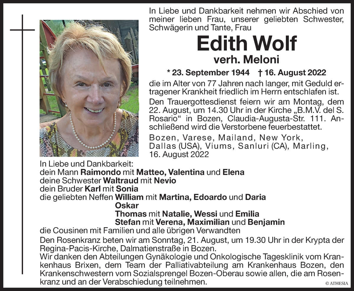  Traueranzeige für Edith Meloni vom 19.08.2022 aus Dolomiten