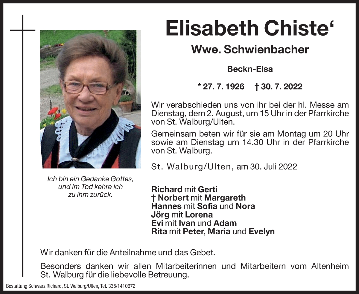  Traueranzeige für Elisabeth Schwienbacher vom 01.08.2022 aus Dolomiten