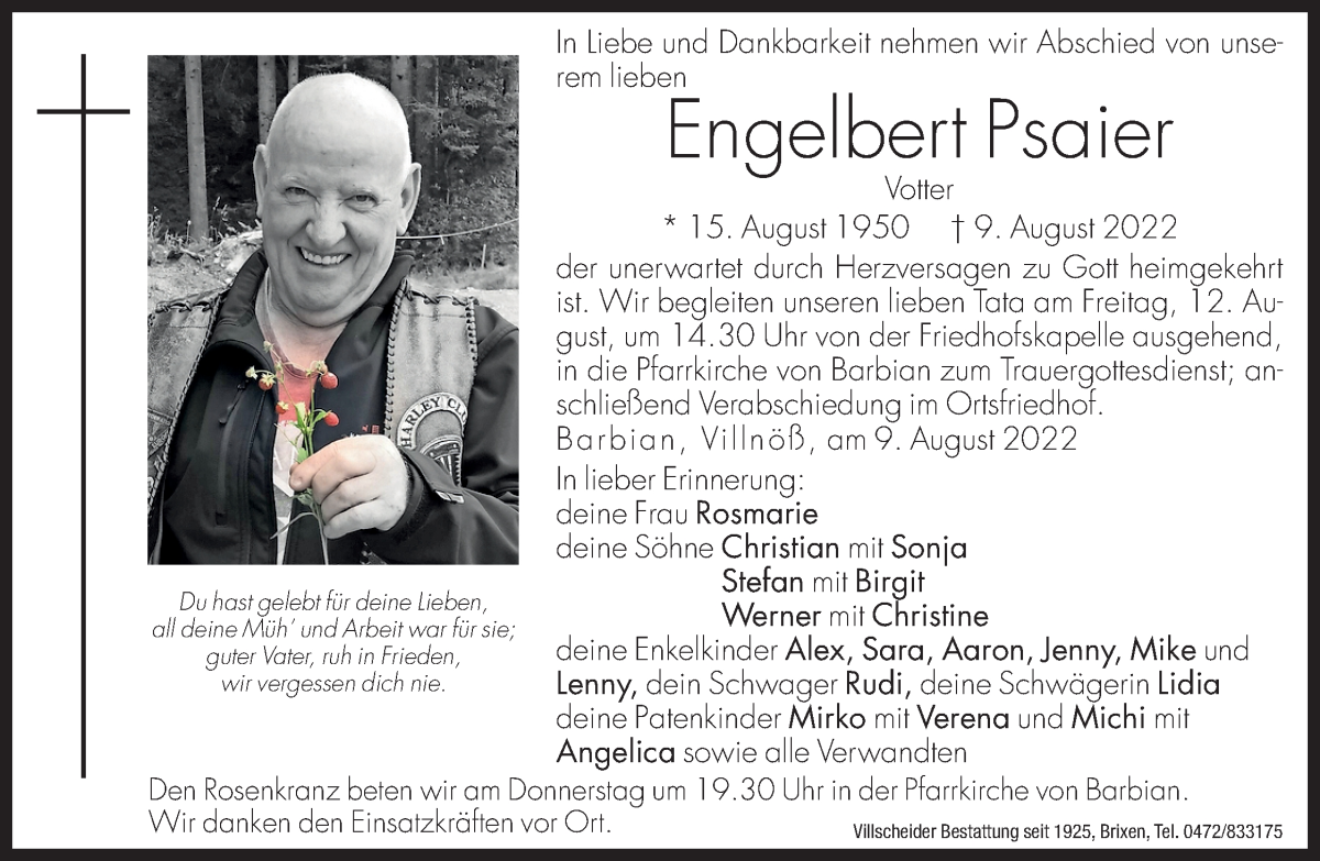  Traueranzeige für Engelbert Psaier vom 11.08.2022 aus Dolomiten