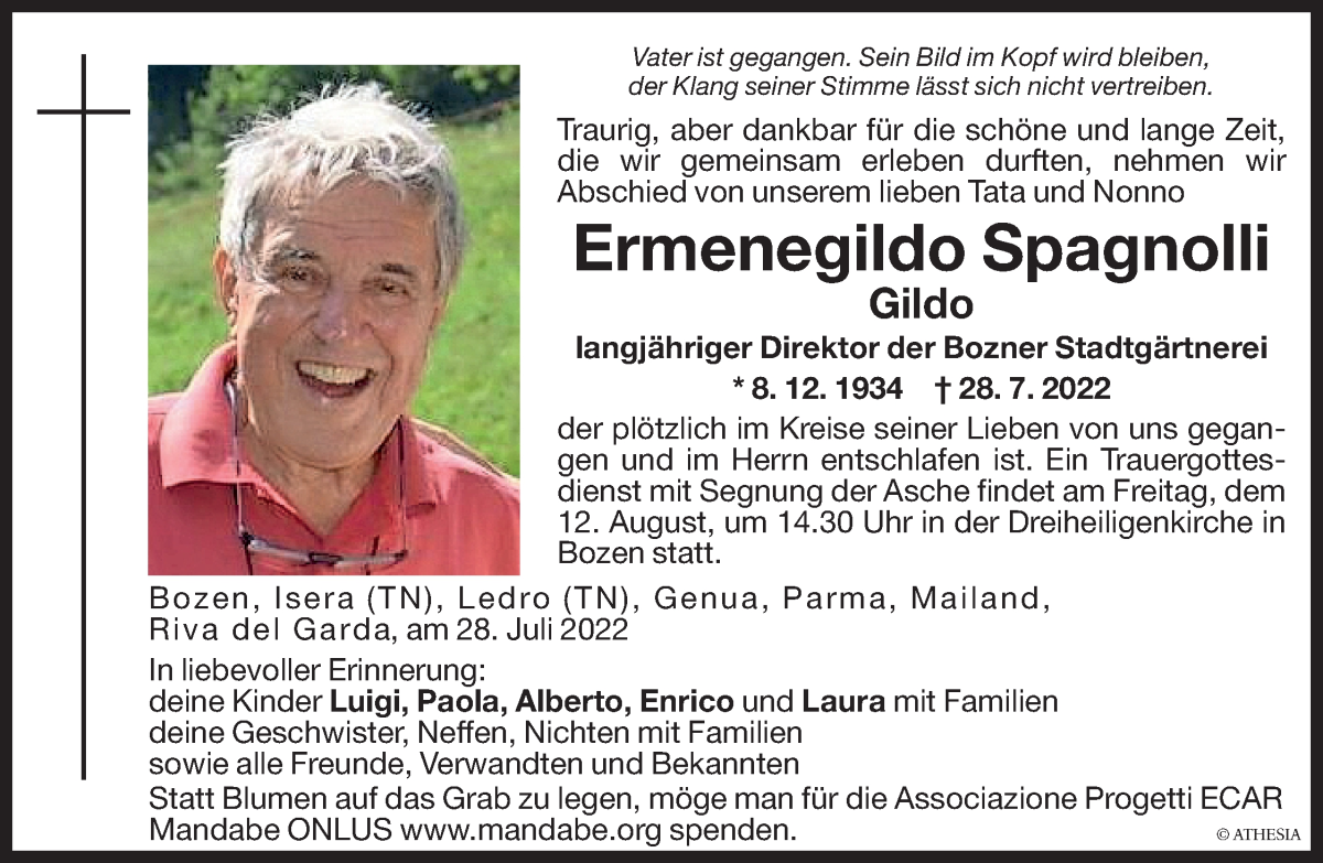  Traueranzeige für Ermenegildo Spagnolli vom 02.08.2022 aus Dolomiten