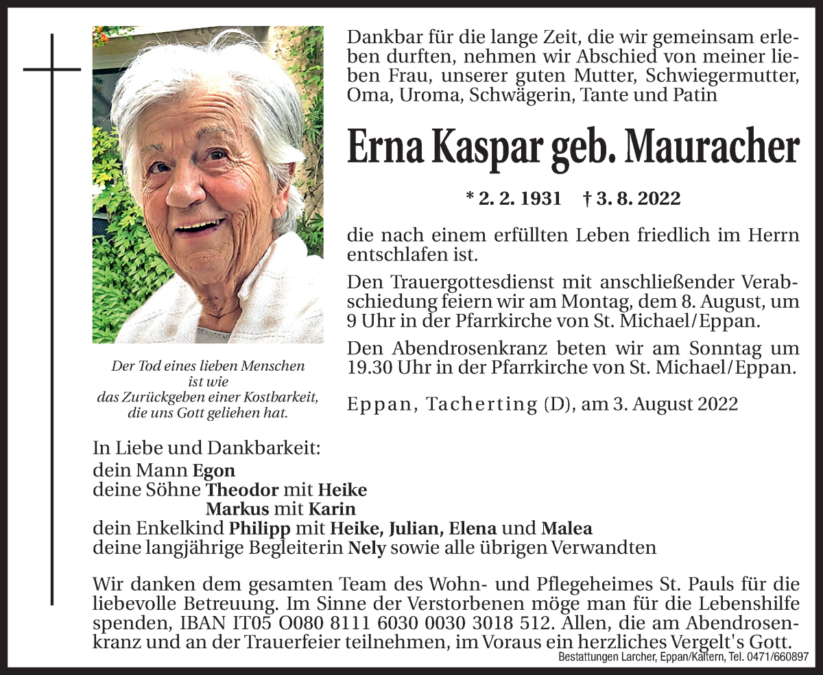  Traueranzeige für Erna Kaspar vom 05.08.2022 aus Dolomiten