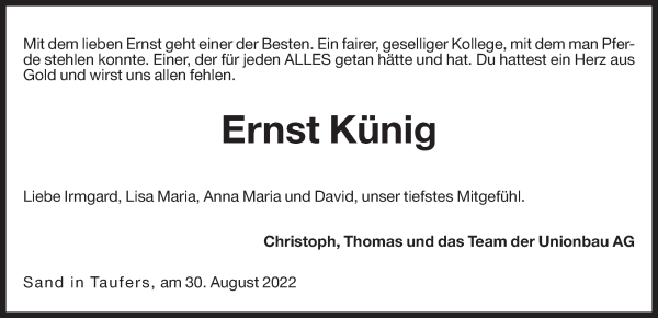 Traueranzeige von Ernst Künig von Dolomiten