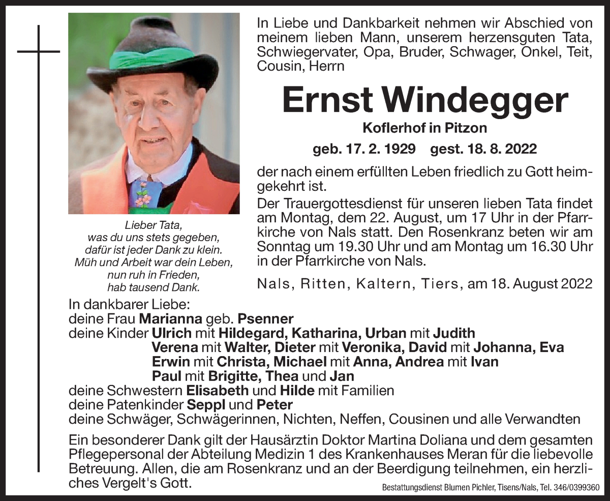  Traueranzeige für Ernst Windegger vom 20.08.2022 aus Dolomiten