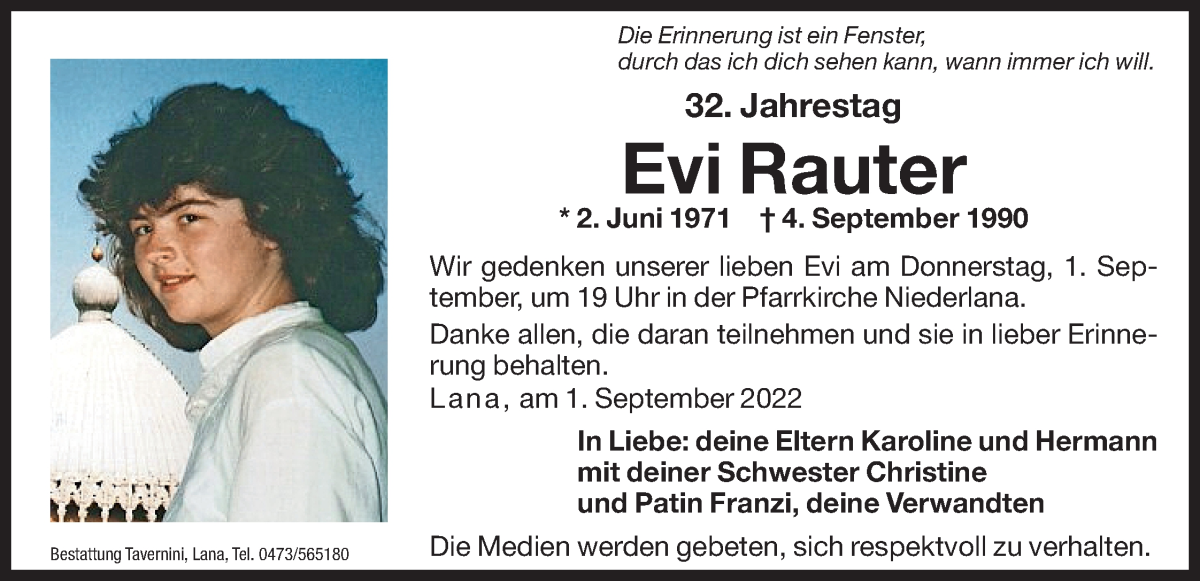  Traueranzeige für Evi Rauter vom 27.08.2022 aus Dolomiten