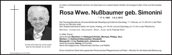 Traueranzeige von Rosa Nußbaumer von Dolomiten
