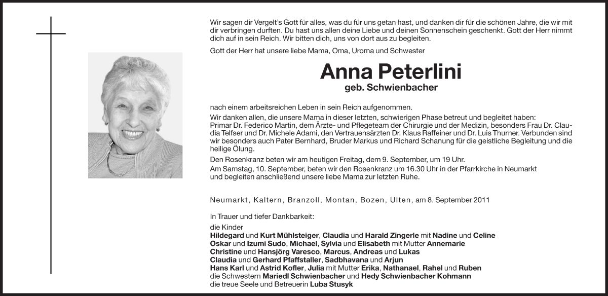  Traueranzeige für Anna Peterlini vom 09.09.2011 aus Dolomiten