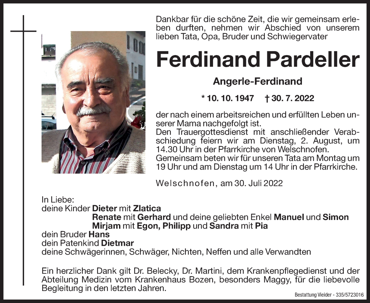  Traueranzeige für Ferdinand Pardeller vom 01.08.2022 aus Dolomiten