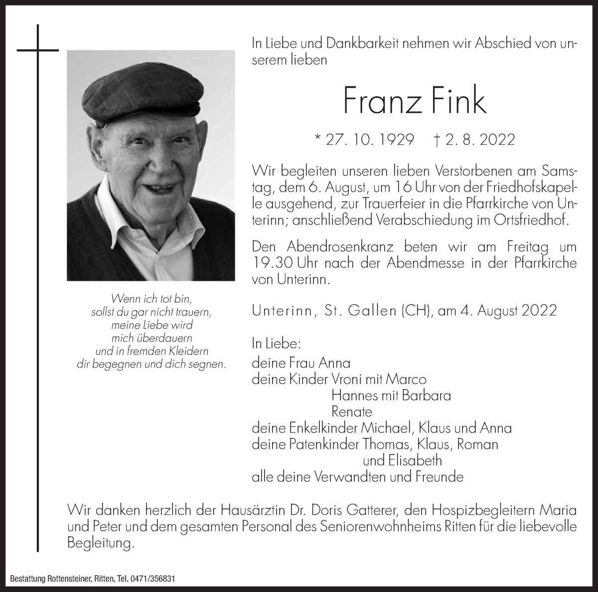  Traueranzeige für Franz Fink vom 04.08.2022 aus Dolomiten