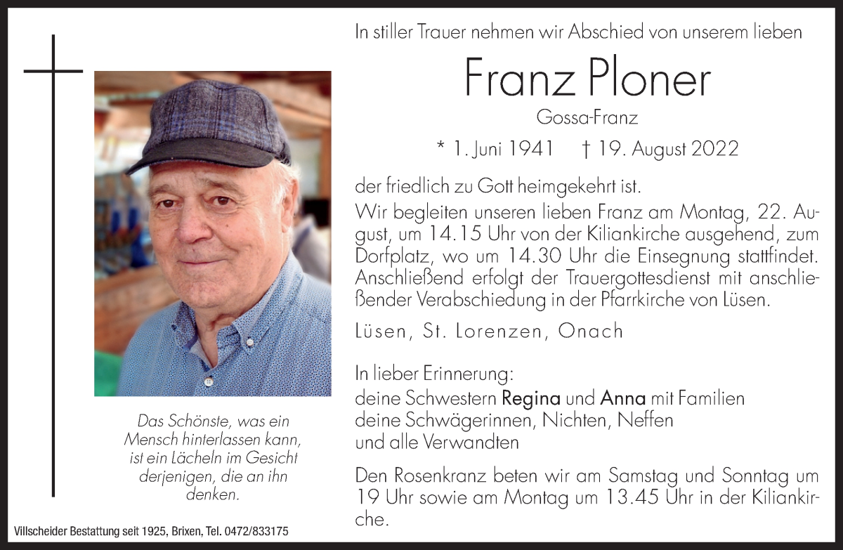  Traueranzeige für Franz Ploner vom 20.08.2022 aus Dolomiten
