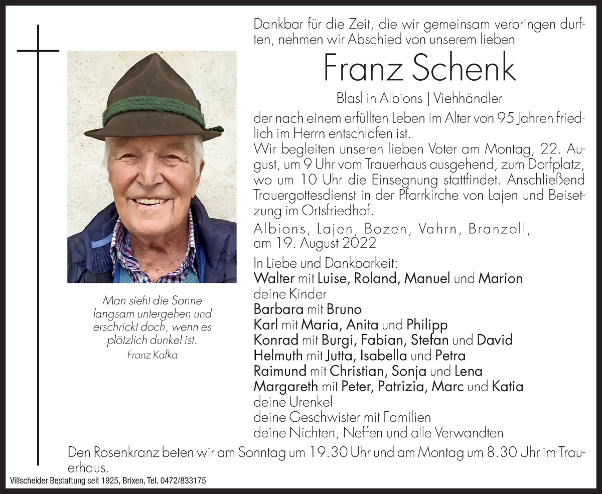  Traueranzeige für Franz Schenk vom 20.08.2022 aus Dolomiten