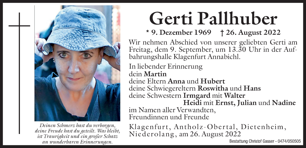  Traueranzeige für Gerti Pallhuber vom 30.08.2022 aus Dolomiten