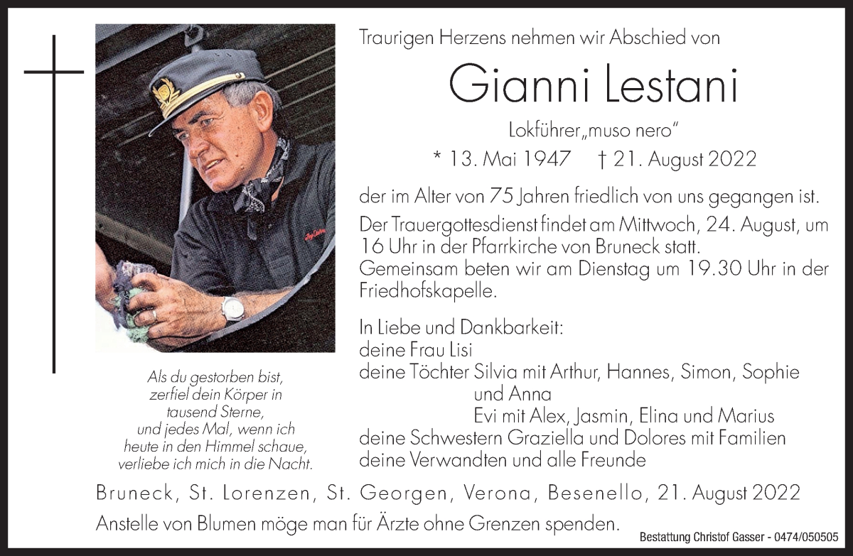  Traueranzeige für Gianni Lestani vom 23.08.2022 aus Dolomiten