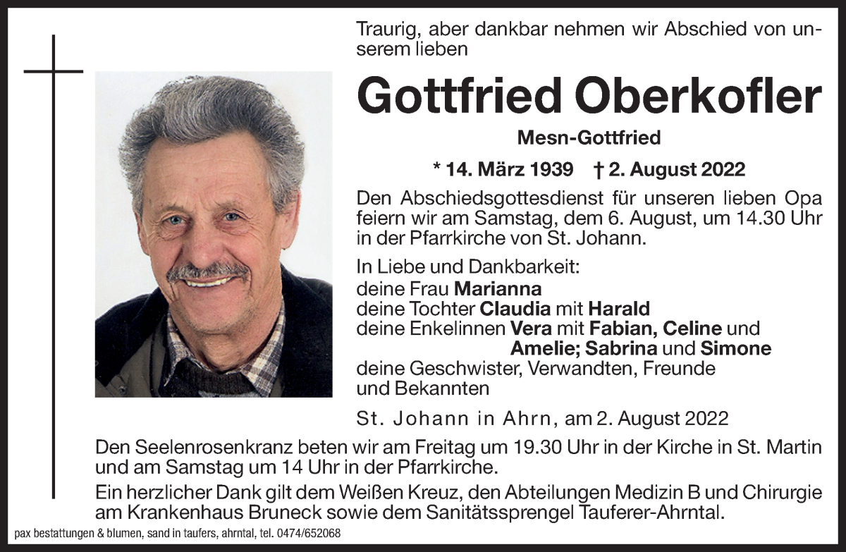  Traueranzeige für Gottfried Oberkofler vom 05.08.2022 aus Dolomiten