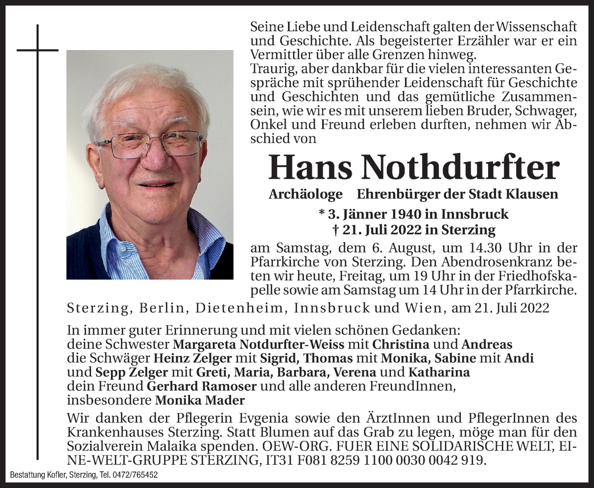  Traueranzeige für Hans Nothdurfter vom 05.08.2022 aus Dolomiten